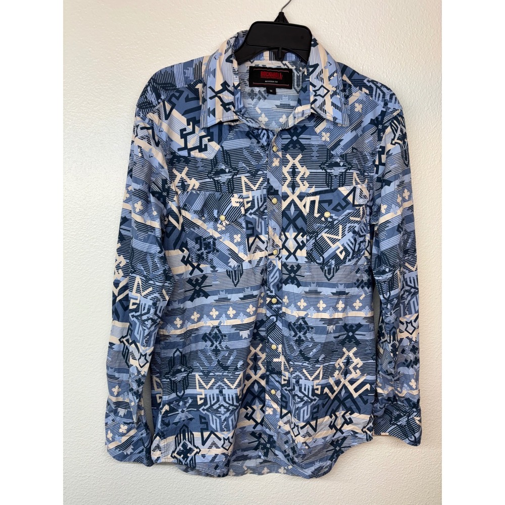 Rock & Roll Denim Mens Blue Aztec Pearl Snap Western Shirt Modern Fit Medium